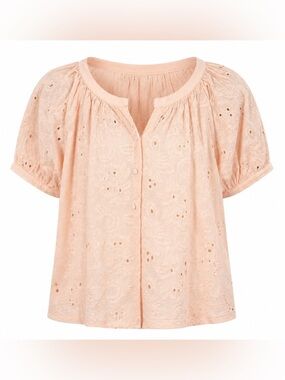 Pink Eyelet V-Neck Puff Sleeve Button Down Blouse by Calypso St. Barth NWT